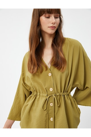 Koton Düğmeli Kimono Bluz Beli Bağlamalı Kısa Kollu Dokulu Haki 4wak50102uw