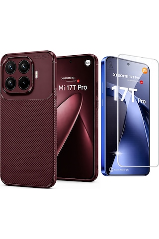 Xiaomi Mi 17t Pro İle Uyumlu Karbon Tasarım Silikon Telefon Kılıfı Ve Temperli Cam Ekran Koruyucu Bordo