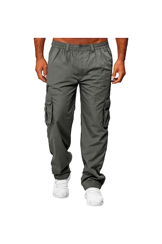 Erkek İlkbahar Ve Sonbahar Düz Paça Düz Renk Kargo Pantolon Günlük Çok Cepli Uzun Pantolon Bol Kesim Açık Hava Fitness Pantolonu Koyu Gri