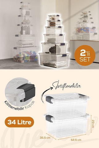 Vienev 2'li 34 Litre Kilitli Kapaklı Saklama Ve Erzak Kutusu 33116