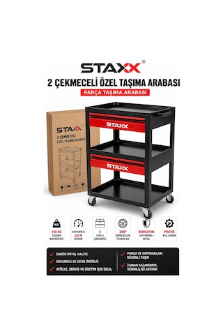Staxx Xl2redm 2 Çekmeceli Parça Taşıma Arabası Ağır Hizmet Çelik Gövde Çekmeceli Servis Arabası