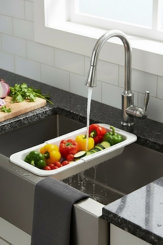 Sieve Beyaz - Pratik Ayarlanabilir Sürgülü Lavabo Süzgeci - Meyve Sebze Yıkama Aparatı Beyaz