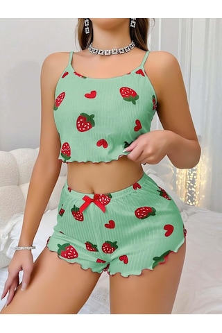 Kadın Yeşil Çilek Desenli Şortlu Pijama Takımı 5060 Yeşil