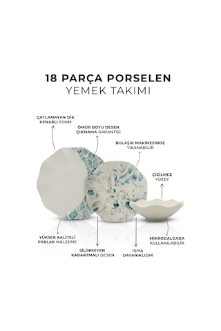 Blue Leafed 18 Parça 6 Kişilik Porselen Yemek Takımı -pasta , Çorba ,yemek , Servis Tabağı