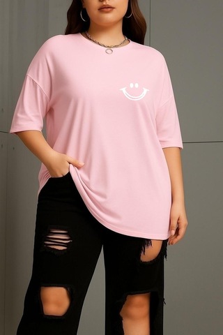 Büyük Beden Gülücük Baskılı Unisex Tişört Pembe