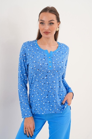 Çift Kaplan Kadın Pamuk Puantiyeli Açık Patlı Mavi Pijama Takımı 7037 Mavi
