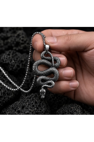Paslanmaz Çelik Antik Gümüş Renk Gotik Stil Mistik Snake Yılan Kolye