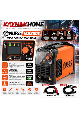 Nuriş Ma200e İnverter Kaynak Makinesi + El Kaynak Maskesi Camı Dahil