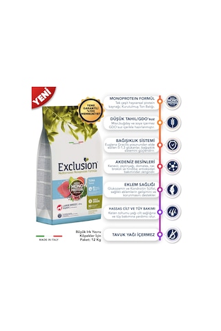 Exclusion Monoprotein Düşük Tahıllı Ton Balıklı ve Narlı Büyük Irk Yavru Köpek Maması 12 KG