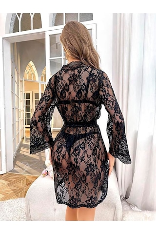 Majeur Kadın Closet Özel Tasarım Çiçek Desenli Full Dantel İşlemeli Şık Siyah Gecelik Sabahlık Takımı