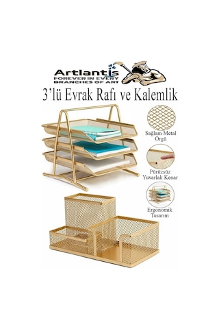Altın Sarı Metal Evrak Rafı 3 Lü Ve Masaüstü Kalemlik 1 Paket Masaüstü A4 Dosya 3 Katlı Düzenleyici Kağıt Tepsisi Metal Altın