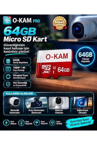 O-kam 64gb Micro Sd Hafıza Kartı Güvenlik Kamerası Uyumlu 64 Gb Microsd Kart Video Fotoğraf Kayıt Depolama Kartı