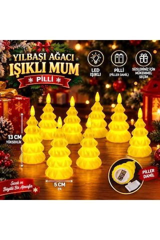 Vıp 9 Adet Yılbaşı Ağacı Şeklinde Mum Led Işıklı Mum Yılbaşı Mumu Çam Ağacı Mumu Işıklı Noel Mumu