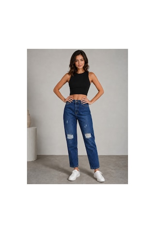 Bluemarlin Çift Diz Lazer Yırtık Laci İşlemli Tam Kalıp Mom Jeans Kot Pantolon Lacivert