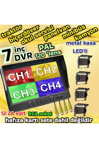 4 Adet Şapkalı Metal Kasa Ledli Kamera 7 İnç Hybrid 256 Gb Destekli Dvr Monitör - 12 24 Volt