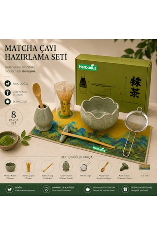 Herbarius 8 Parça Lotus Desenli Adaçayı Yeşili Renk Matcha Çayı Hazırlama Seti - Geleneksel Japon Matcha Seti