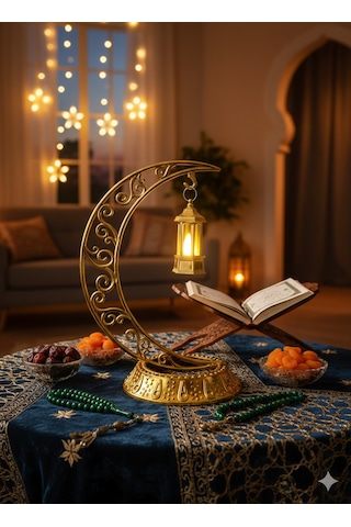 Dodomar 28 Cm Ramazan Dekoratif Masa Üstü Led Lamba Seti - Gold Hilal - Kancalı Diğer