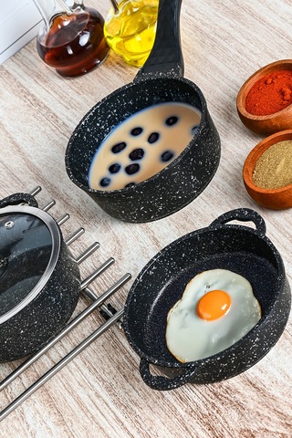 Mini Granit Tencere Seti 4 Parça Yanmaz Yapışmaz Set Siyah