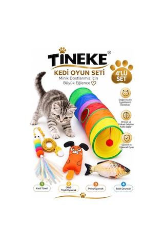 Kedi Tüneli + Elastik Olta + Peluş Balık + Sazan Peluş Fare Oyun Seti 4'lü