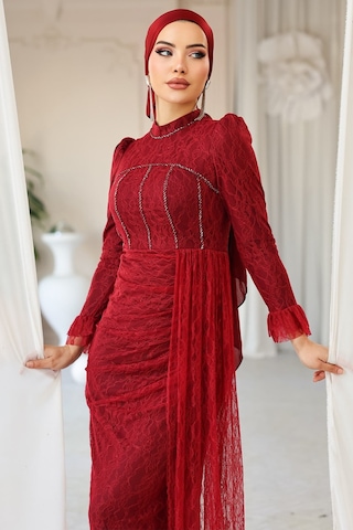Olcay Beli Pelerin Detaylı Taş Süslemeli Dantel Tesettür Abiye Elbise Bordo 1252