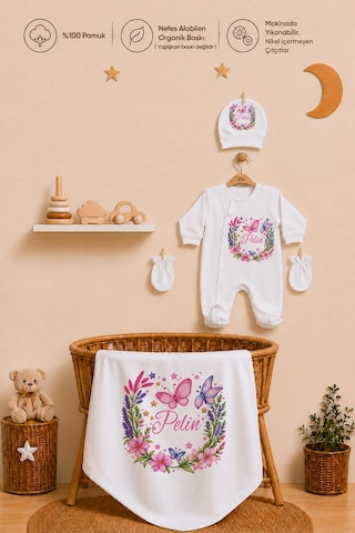 Pia Baby İsme Özel %100 Pamuk Kız Bebek Hastane Çıkışı 4 Lü Battaniyeli Tulum Seti Organik Baskılı 2088bt0x Ekru