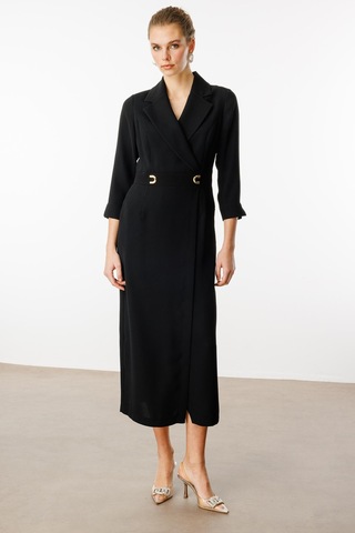 Moda İlgi Kadın Beli Aksesuarlı Cepli Kruvaze Elbise 6626 Siyah Siyah