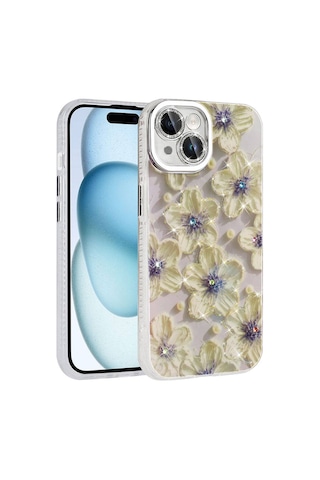 Zore Apple iPhone Uyumlu 15 Kılıf Çiçek Desenli Parlak Taşlı Sert Silikon Omsy Garden Kapak - Beyaz