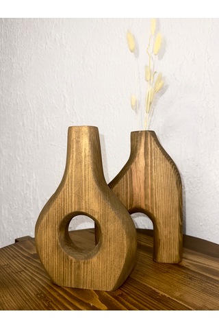 O&a Wood Doğal Ahşap Dekoratif Ikili Takım Biblo Vazo Koyu Meşe