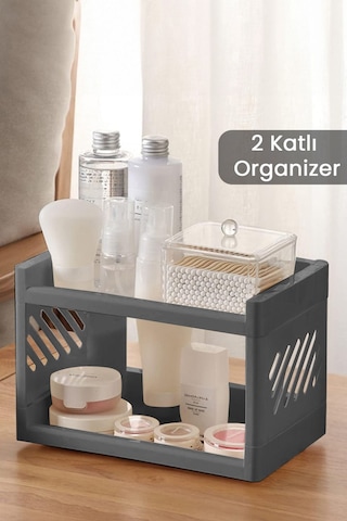 2 Katlı Banyo Düzenleme Organizeri Banyo Depolama Rafı - Kozmetik Standı Antrasit