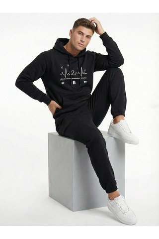 Nevermind Unisex Oversize Kalp Ritmi Baskılı Çift Hoodie Siyah