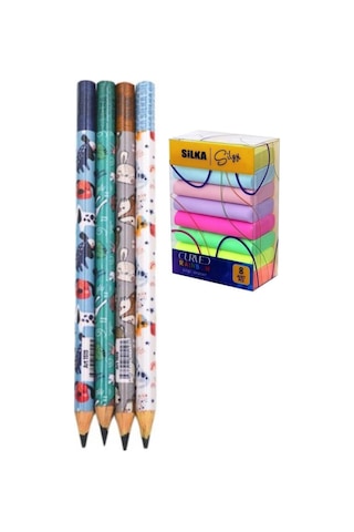 Üçgen Yapılı Jumbo Kurşun Kalem Sevimli Hayvan Desenli 4 Adet + 8 Li Silgi