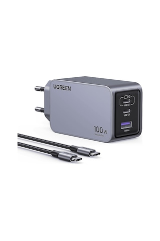 Ugreen Nexode Pro 100 W QC PD Type-C 2xUSB-C 1xUSB-A Gan Hızlı Şarj Cihazı Uzay Grisi