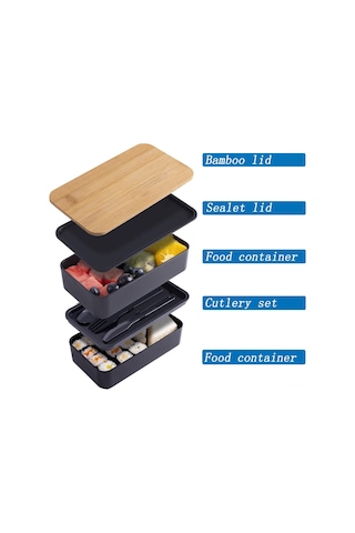 Dofolink Doğal Bambu Kapağı Çift Katlı Bento Kutusu, Mikrodalga Uyumlu, Yemekleri Ayırır, Isı Saklama Çantasıyla, Öğrencilere Ve Çalışanlara Uygun, Sağlıklı Pp Malzeme Siyah