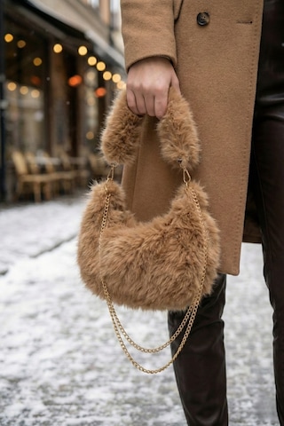 Vivazzaluxe Vintage Peluş Kürk Model Sonbahar, Kış Tote Bag Kadın El, Omuz, Çapraz Çanta Bej