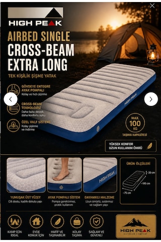 High Peak Airbed Single Cross-beam Extra Long Ayak Pompalı Tek Kişilik Şişme Yatak 195x75x20 Cm Beyaz - Mavi