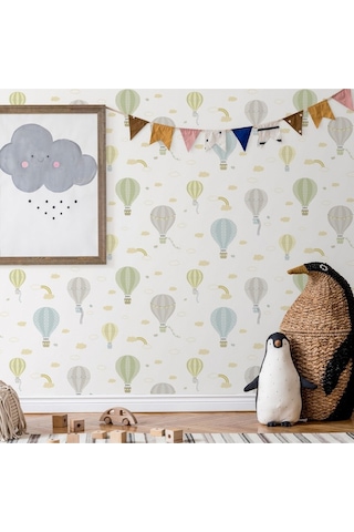 Gökyüzünde Bulutlar, Uçak Balonlar Ve Gökkuşağı Temalı Duvar Kağıdı - Adakids 8901-2