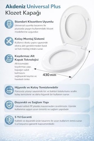Akdeniz Universal Klozet Kapağı Her Modelle Uyumlu, Kaydırmaz Alt Kapaklı, Kolay Montajlı, Kolay Temizlenebilir, Dayanıklı Yapı,  Açık Bej