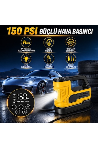 Araç Lastik Hava Kompresörü 150 Psı 12v Çakmaklık Girişli Taşınabilir Dijital Göstergeli Led Işıklı Hava Pompası Sarı