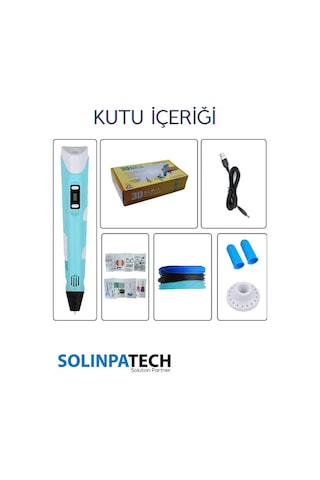 Mavi 3D Kalem 3D Pen 3 Boyutlu Yazıcı Kalem 3 Renk 9 Metre Filament + USB KABLO