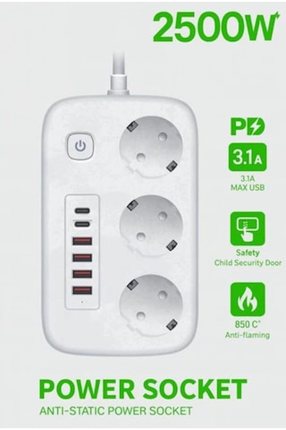 Akım Korumalı Priz Ve Masaüstü Şarj İstasyonu Kablosuz 3 Priz ,4 Usb, 2 Type-c Girişli 2 Metre 0-2