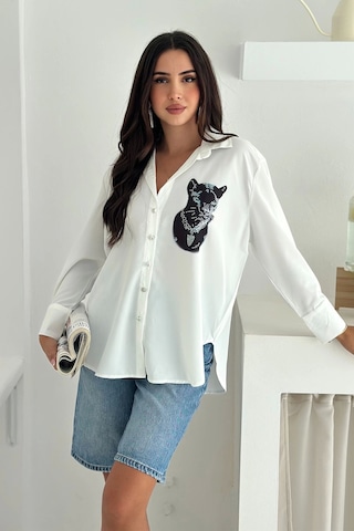 Jaguar Desen Baskılı Taşlı Gömlek Beyaz