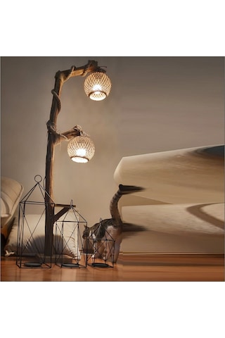 Uzun Ahşap Halatlı 2li Sarı Ledli Lambader Abajur Aplik