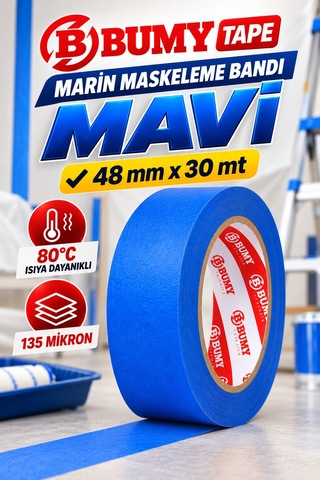 Bumy Mavi Maskeleme Bandı 48 Mm X 30 Metre Marin Boya Bantı Isıya Dayanıklı Bant Kağıt Bantları