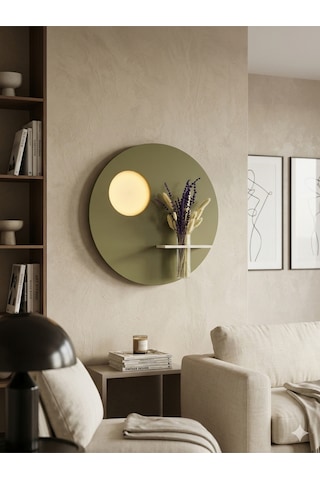 Sümbül 50 Cm Ahşap Pilli Ledli İskandinav Tarzı Duvar Rafı Modern Çiçeklik Haki