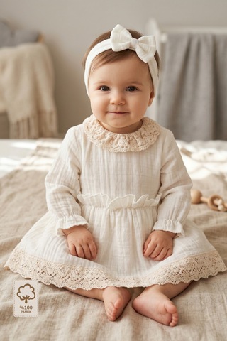 Minory Baby - %100 Pamuk Müslin Dantel Detaylı Elbise & Saç Bandı Seti Bej Bej