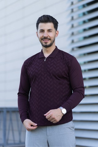 Hk Premium Erkek Triko Kazak Zikzak Desenli Polo Yaka Fermuarlı Slim Fit Bordo