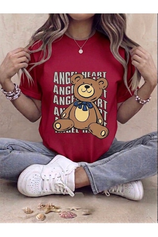 Unisex Ayıcık Baskılı Kompakt T-shirt Kırmızı