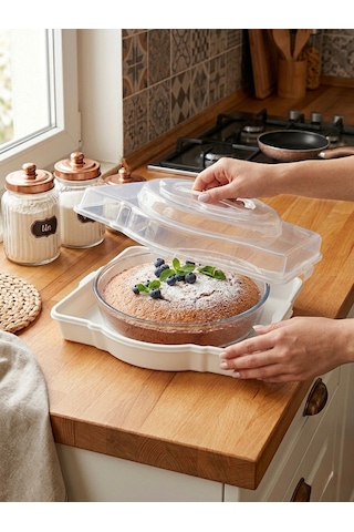 Lüks Kare Tasarım Kilitli Kek Ve Pasta Saklama Kabı - Taşıma Kulplu Fanus beyaz