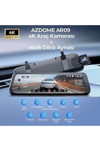 Azdome Ar09 4k 2 Kameralı 9.6 İnç Dokunmatik Ekran Tam Ayna Araç İçi Kamera