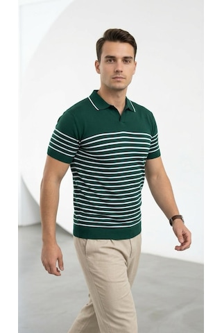 Plus Scorpion Erkek Çizgili Polo Yaka Triko Tişört Slim Fit İnce Triko Yazlık Şık Model Yeşil